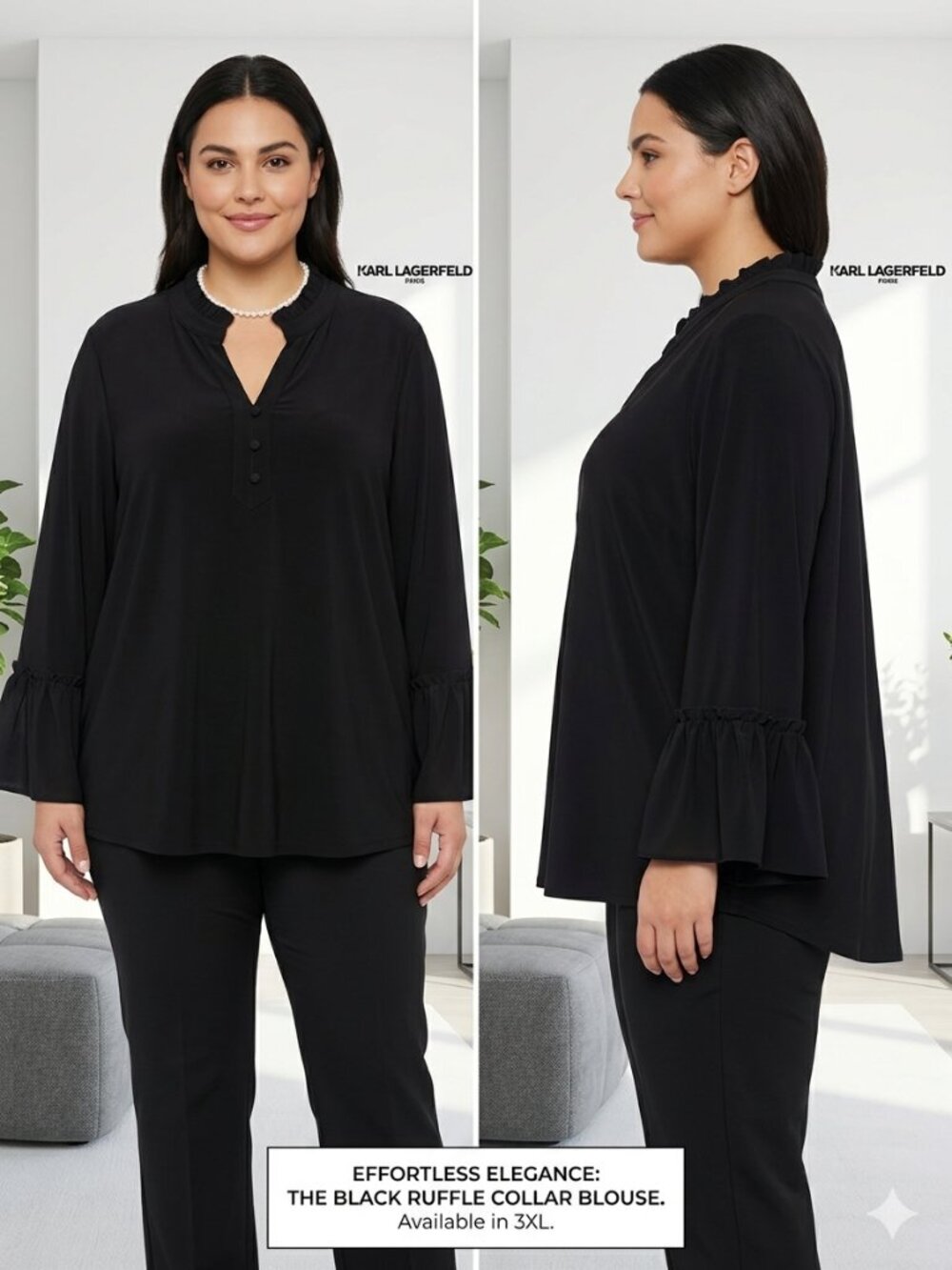 Karl Lagerfeld Paris Black Ruffle Collar Trumpet Sleeves Blouse Size 3XL - Picture 1 of 7